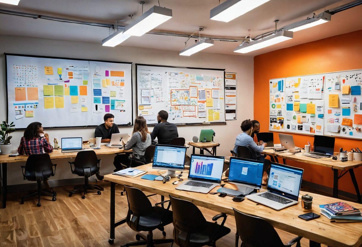 A creative workspace with a diverse group of content creators collaborating, surrounded by colorful notes, laptops, and coffee cups. Highlight elements like vibrant charts and brainstorming sessions on a whiteboard. Incorporate modern technology such as cameras and smartphones, to signify various content forms. The atmosphere should feel energetic and inspiring, radiating creativity and teamwork. super-realistic. vibrant colors. 3D.