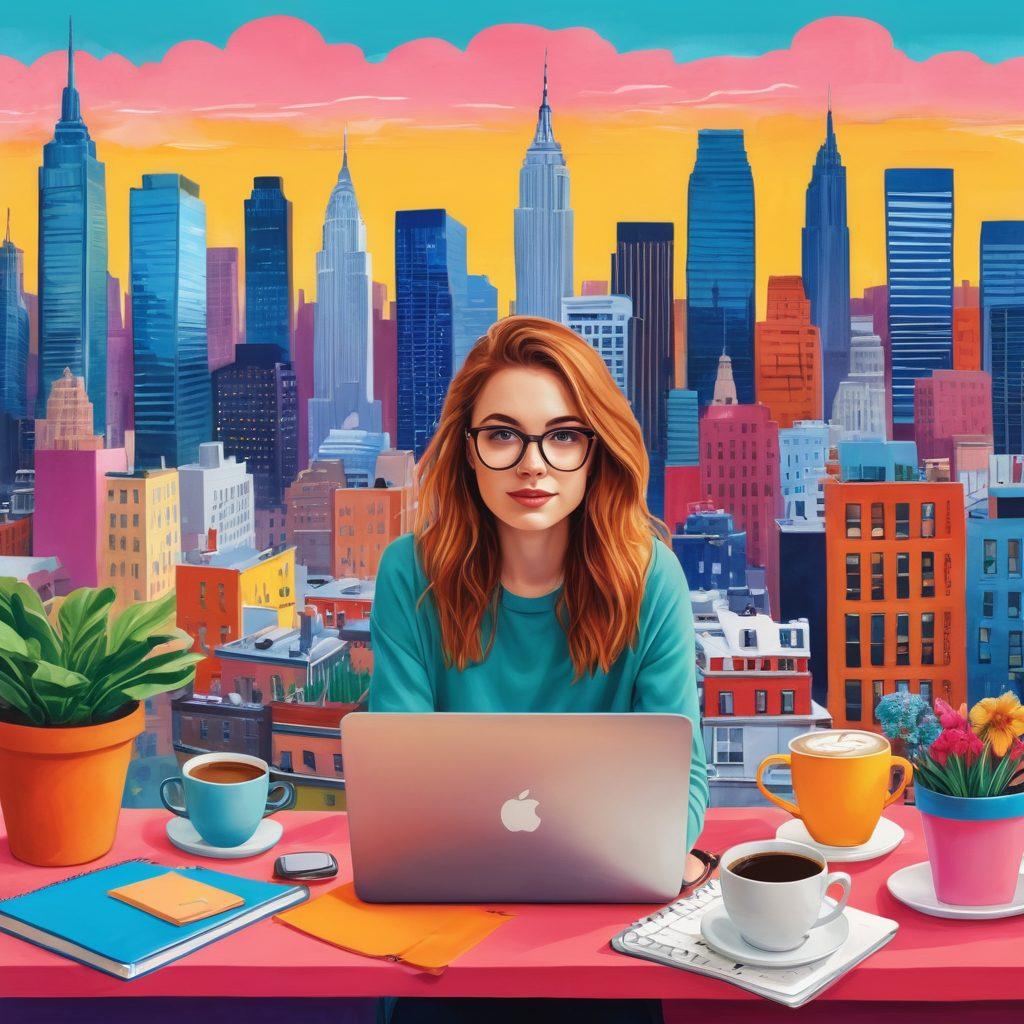 A whimsical scene of a young blogger surrounded by a laptop, colorful notebooks, and coffee cups, with a backdrop of a vibrant city skyline symbolizing growth and creativity. Include floating notes with ideas and digital icons representing blogging, while a path leads from a cozy hobby space to the bustling cityscape. The atmosphere should be inspiring and energetic. vibrant colors. illustration.